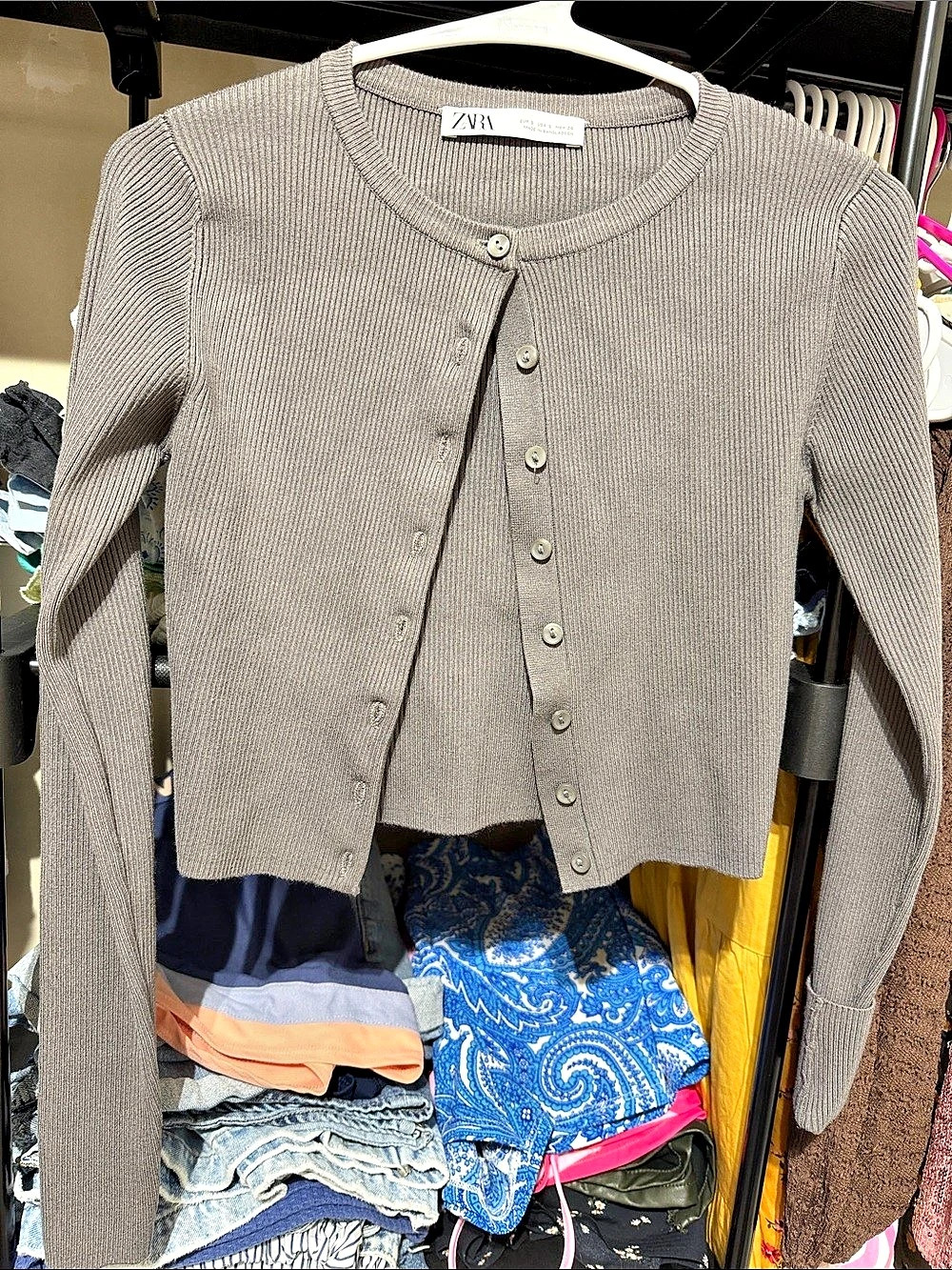 Zara Ribbed Button-Front Cardigan Gray Size Medium Like New